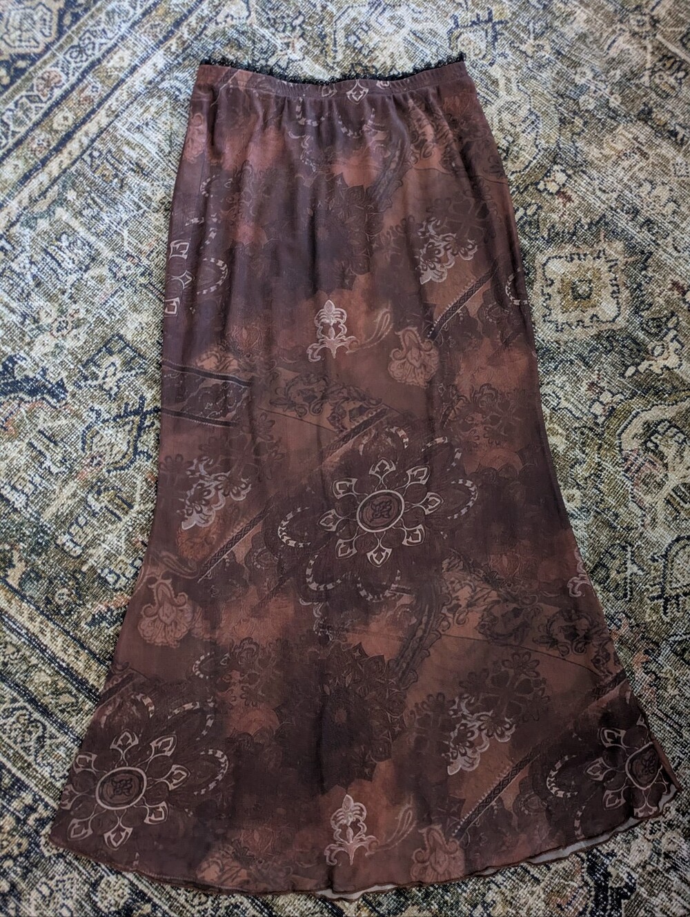 Y2K Brown Mesh Midi Skirt | Boho Fairy Grunge | Size S